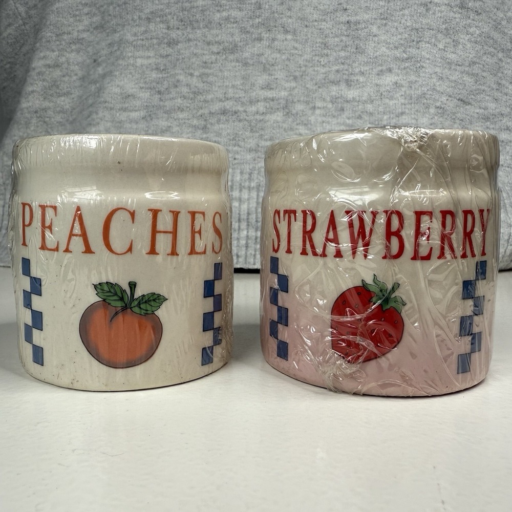 Hermitage Pottery Spongeware Crock Candle Holders Peach Strawberry Fruit Loomco
